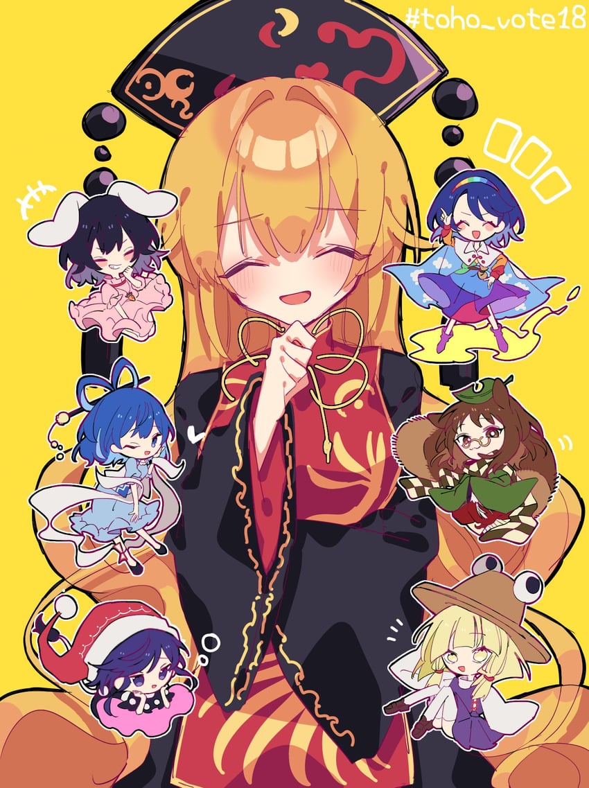 moriya suwako, inaba tewi, kaku seiga, junko, futatsuiwa mamizou, and 2 more (touhou) drawn by roamu_65
