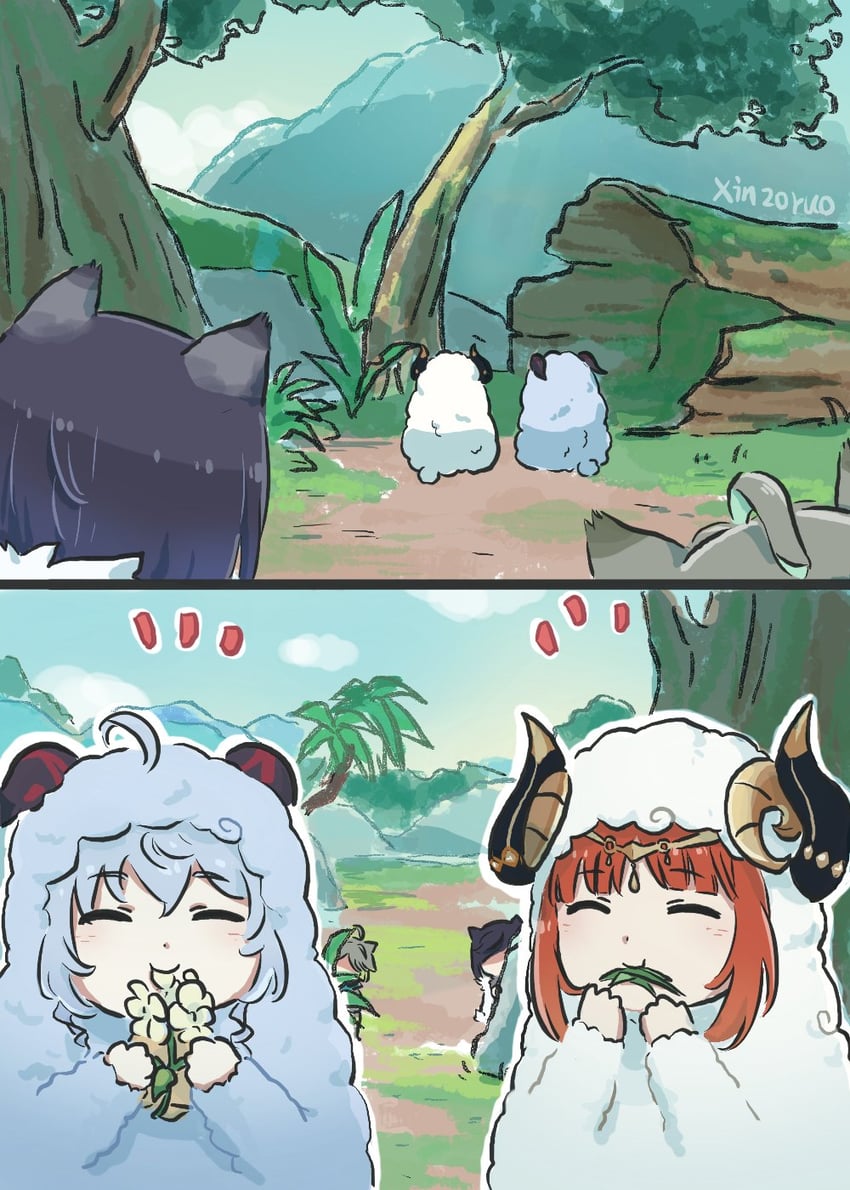 ganyu, nilou, yelan, and alhaitham (genshin impact) drawn by xinzoruo