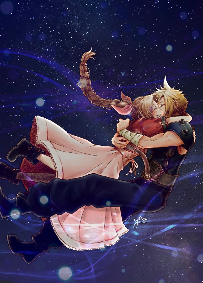 cloud strife and aerith gainsborough (final fantasy and 1 more) drawn by yco_030601