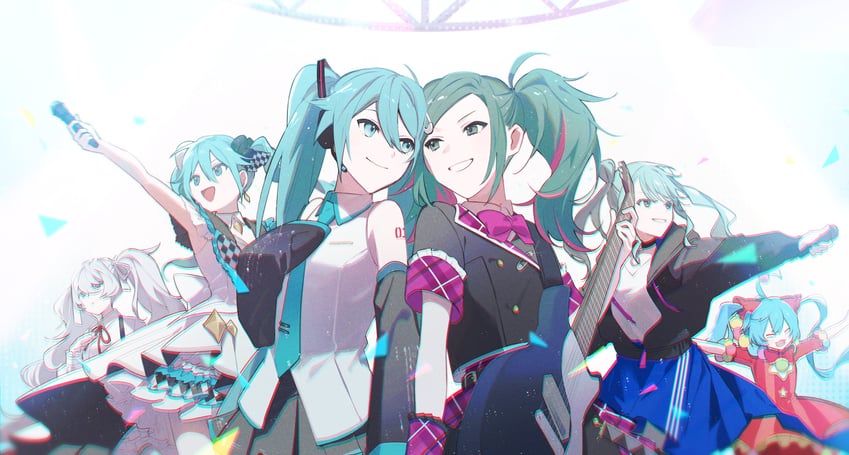 hatsune miku, 25-ji miku, wonderlands x showtime miku, vivid bad squad miku, leo/need miku, and 1 more (vocaloid and 1 more) drawn by comugikun