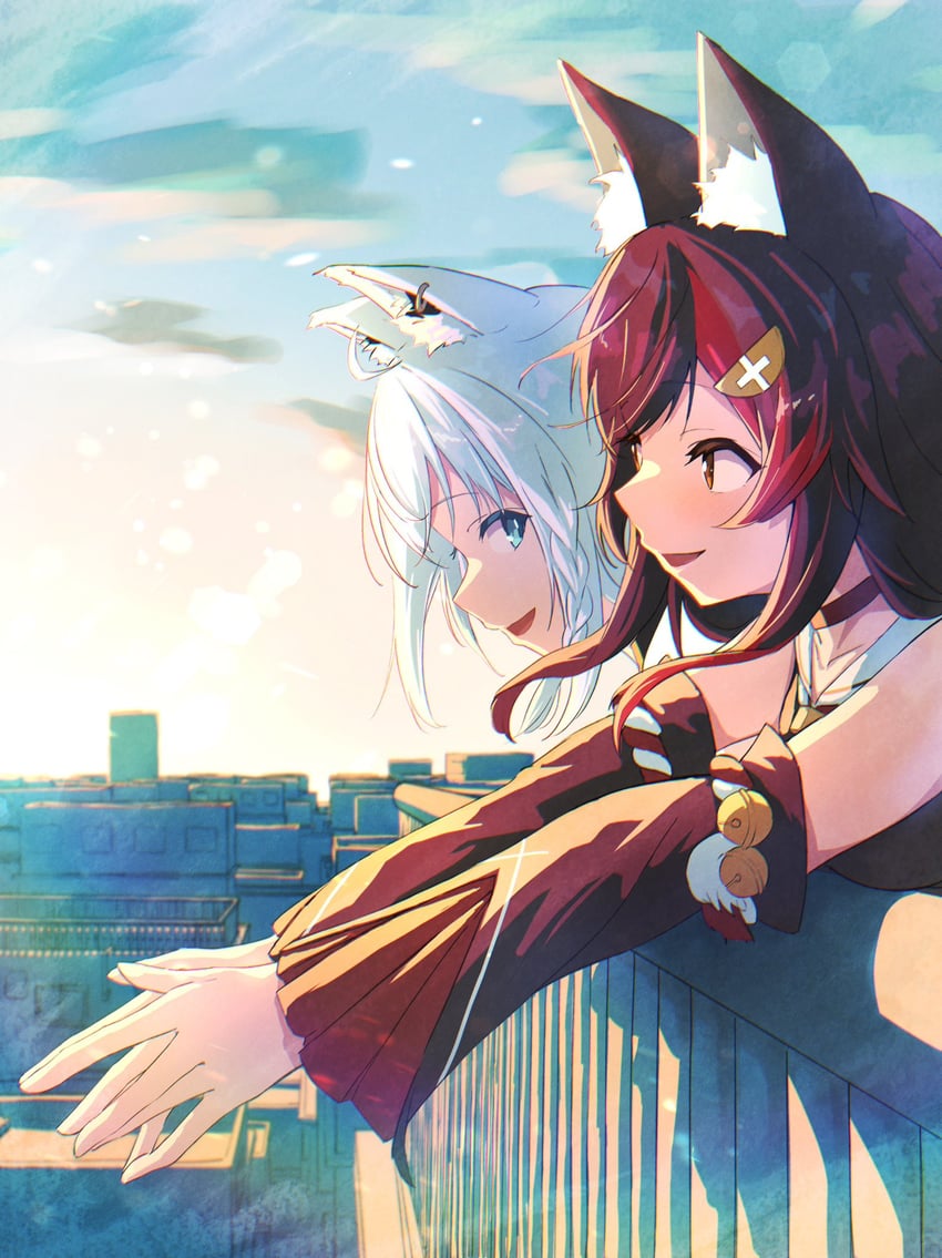 shirakami fubuki and ookami mio (hololive) drawn by oki_no_fuji
