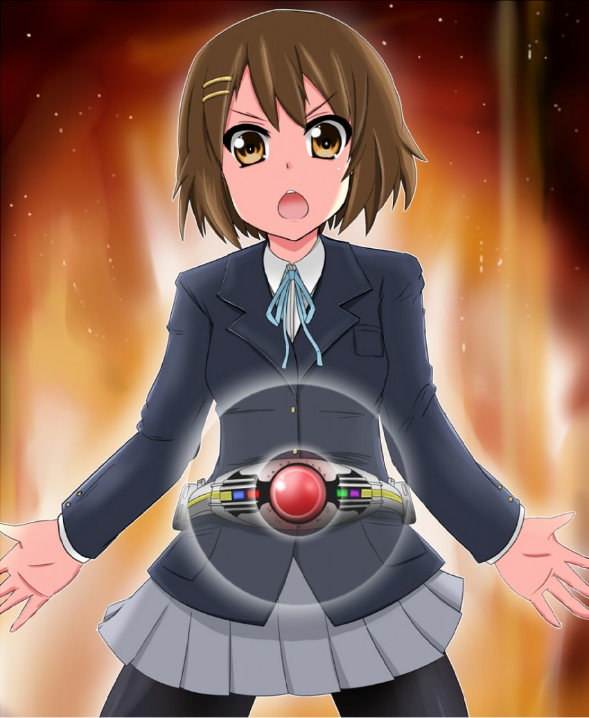 hirasawa yui and kamen rider kuuga (k-on! and 2 more) drawn by esupe