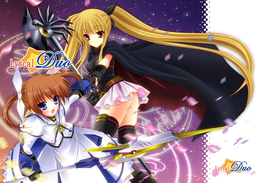 fate testarossa, takamachi nanoha, raising heart, and bardiche (lyrical nanoha and 2 more) drawn by kirihara_natsuki