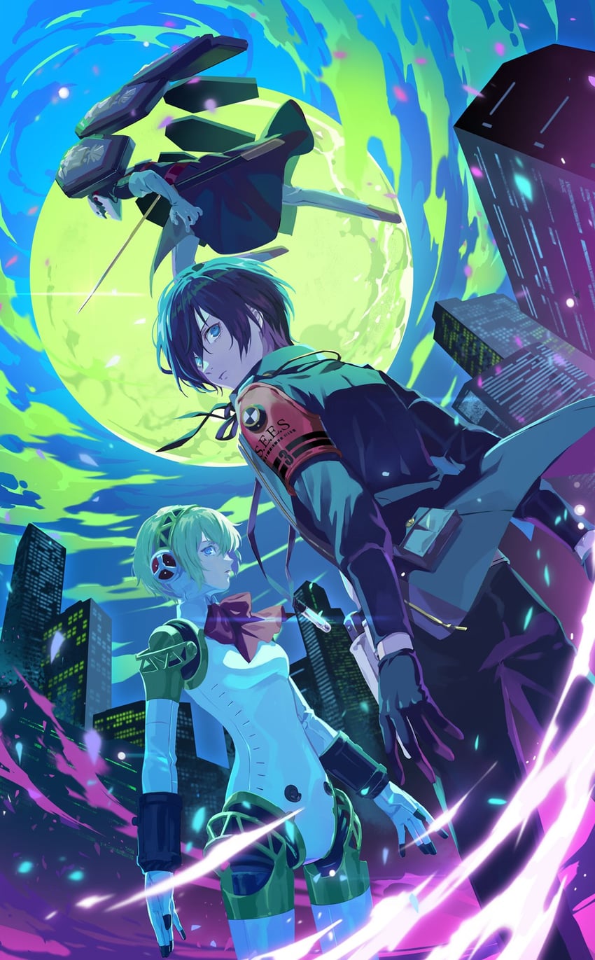 yuuki makoto, aigis, and thanatos (persona and 2 more) drawn by yono_999