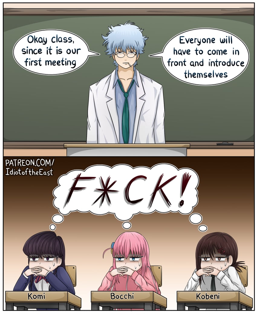 gotoh hitori, higashiyama kobeni, sakata gintoki, and komi shouko (chainsaw man and 3 more) drawn by idiot_of_the_east