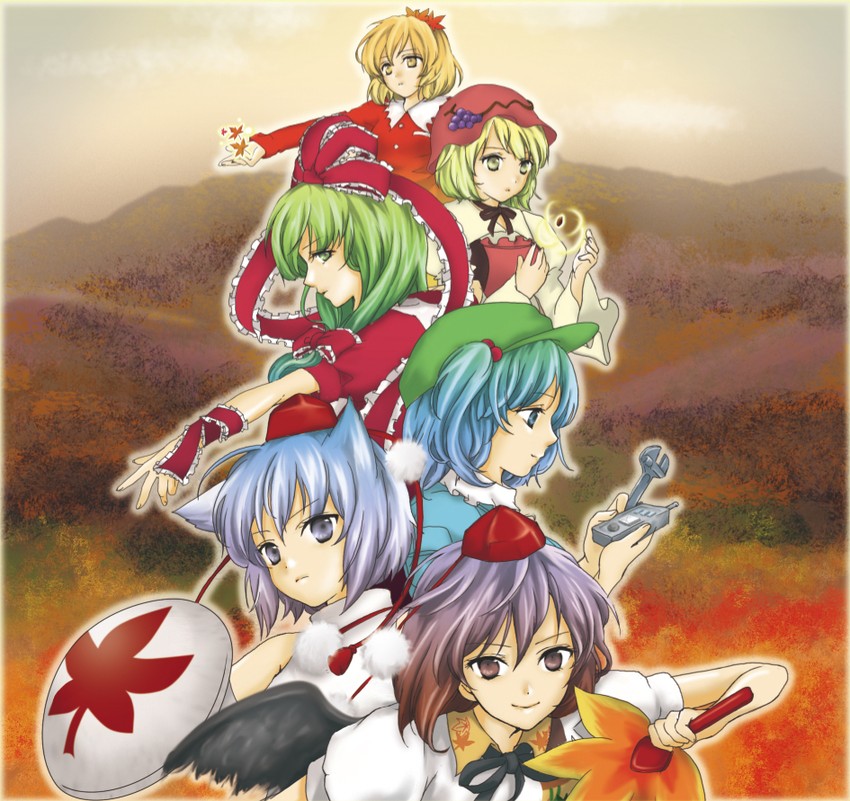 shameimaru aya, inubashiri momiji, kawashiro nitori, kagiyama hina, aki minoriko, and 1 more (touhou and 1 more) drawn by myon_(artist)