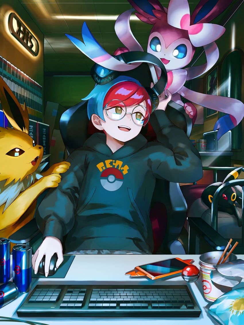rotom, sylveon, umbreon, rotom phone, penny, and 1 more (pokemon and 1 more) drawn by orange_mikan