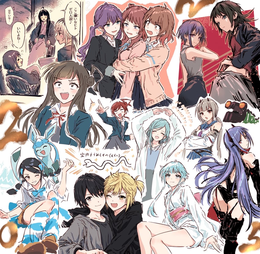 togawa sakiko, iseri nina, kawaragi momoka, yahata umiri, glaceon, and 15 more (pokemon and 14 more) drawn by bullfalk
