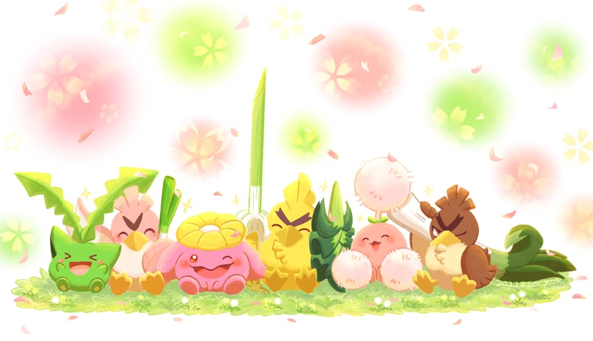 hoppip, sirfetch'd, jumpluff, farfetch'd, skiploom, and 1 more (pokemon) drawn by shuri_(syurigame)