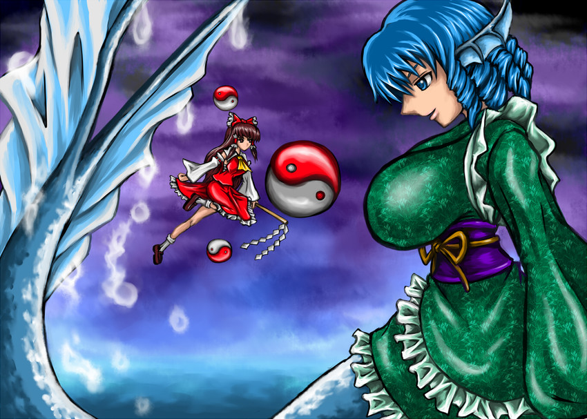 hakurei reimu and wakasagihime (touhou and 1 more) drawn by munojou_(steam_dragon)