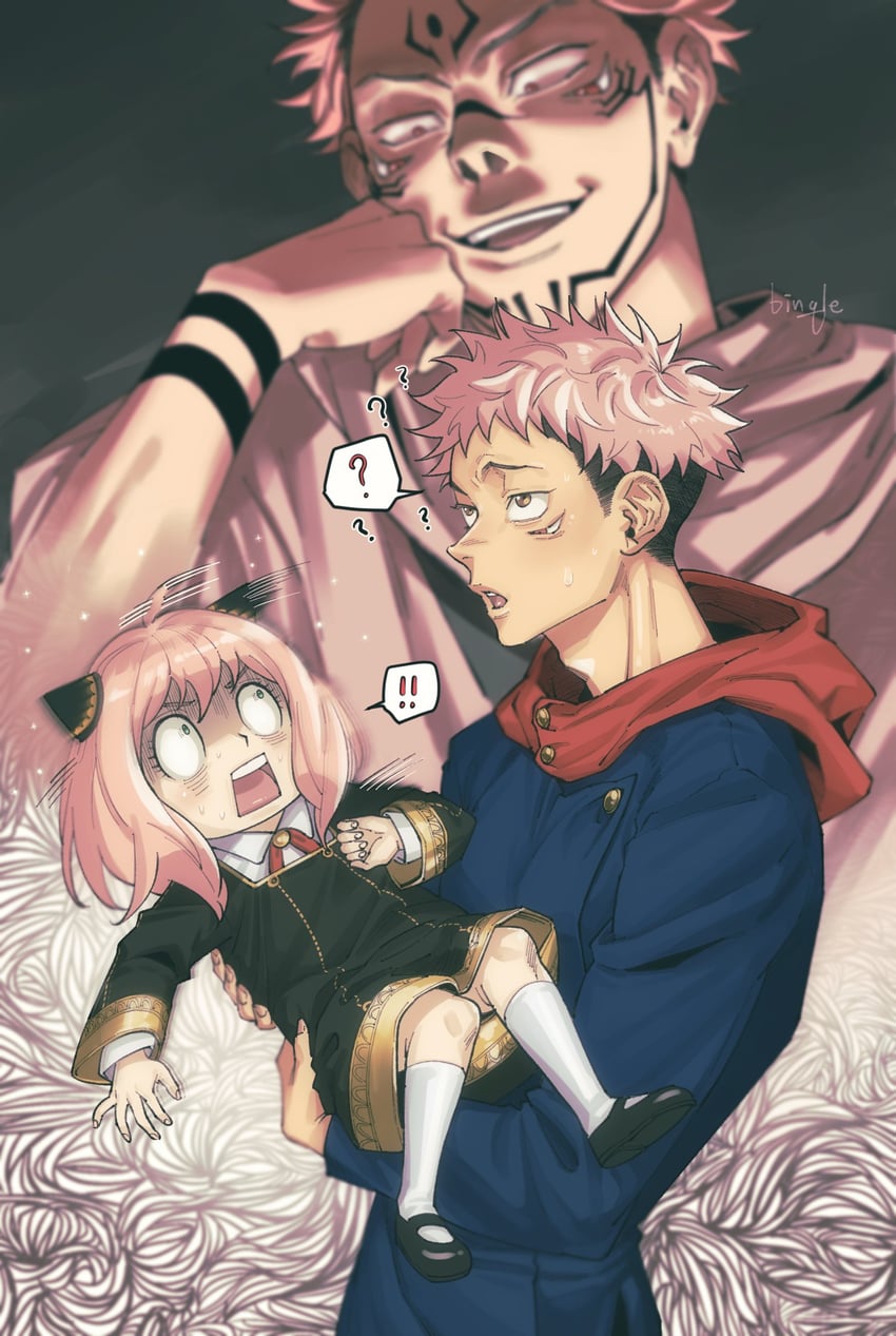 anya, itadori yuuji, and ryoumen sukuna (jujutsu kaisen and 1 more) drawn by bingle_being