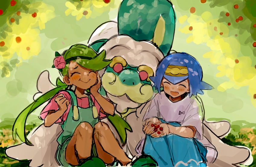 lana, mallow, and drampa (pokemon and 1 more) drawn by fukuzawa_(huku486)