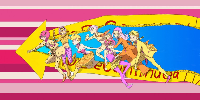 giorno giovanna, bruno bucciarati, guido mista, narancia ghirga, pannacotta fugo, and 2 more (jojo no kimyou na bouken and 1 more) drawn by mokeo