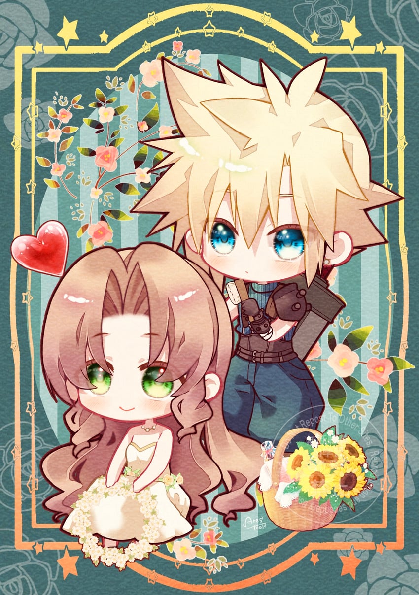 cloud strife and aerith gainsborough (final fantasy and 3 more) drawn by arestear0701