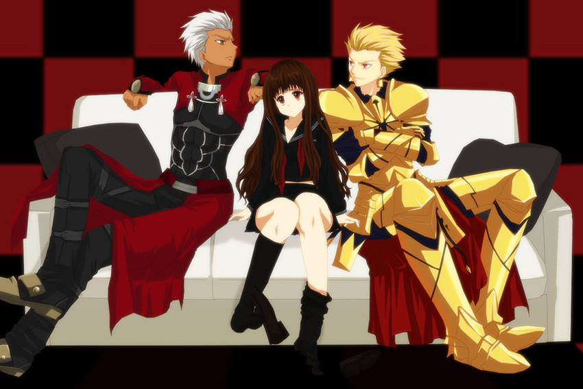 gilgamesh, archer, and kishinami hakuno (fate and 2 more) drawn by chabotaro
