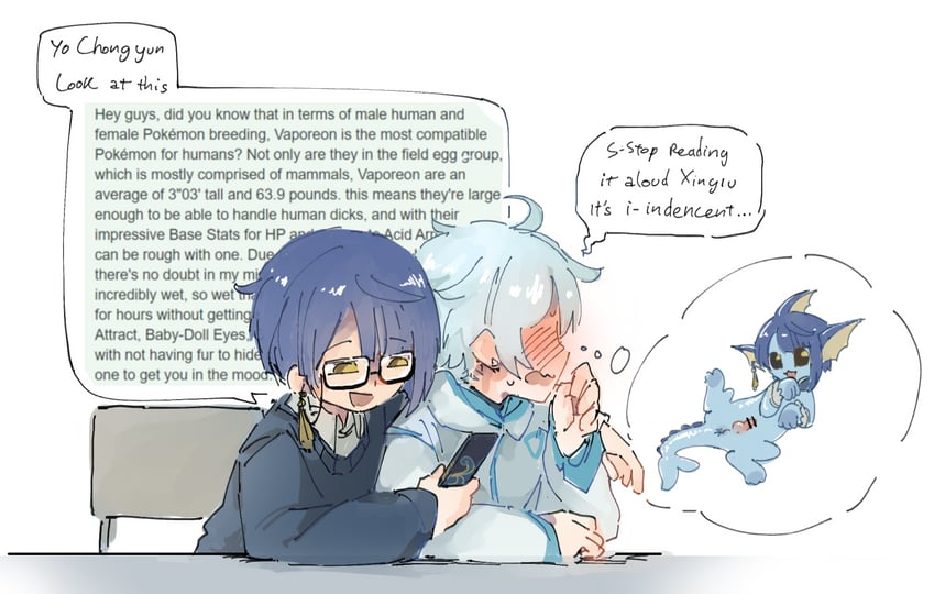 vaporeon, xingqiu, and chongyun (pokemon and 1 more) drawn by kenoru
