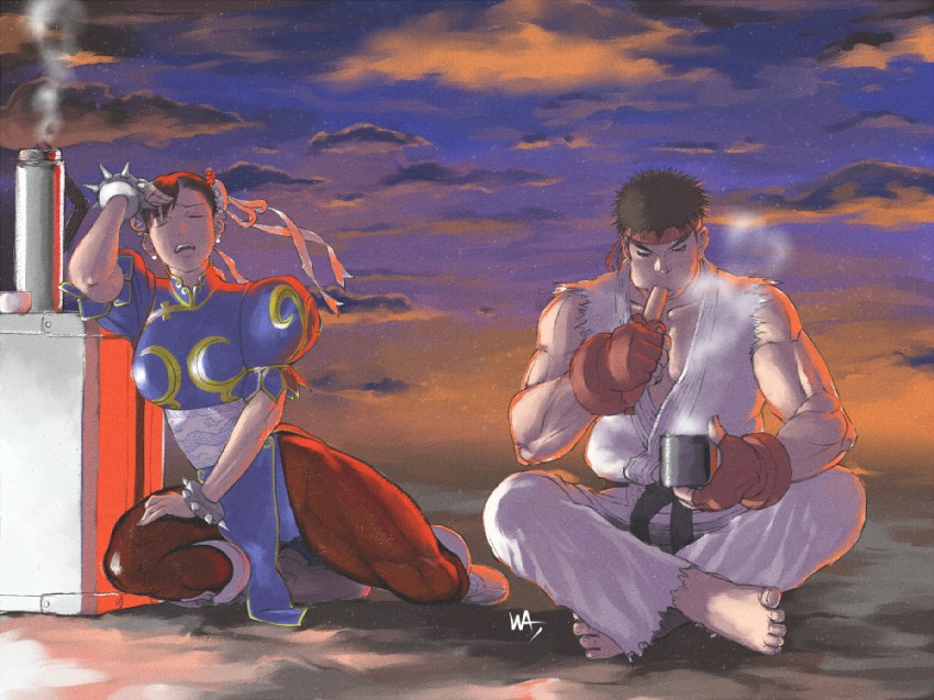 chun-li and ryu (street fighter) drawn by wakino_keibun
