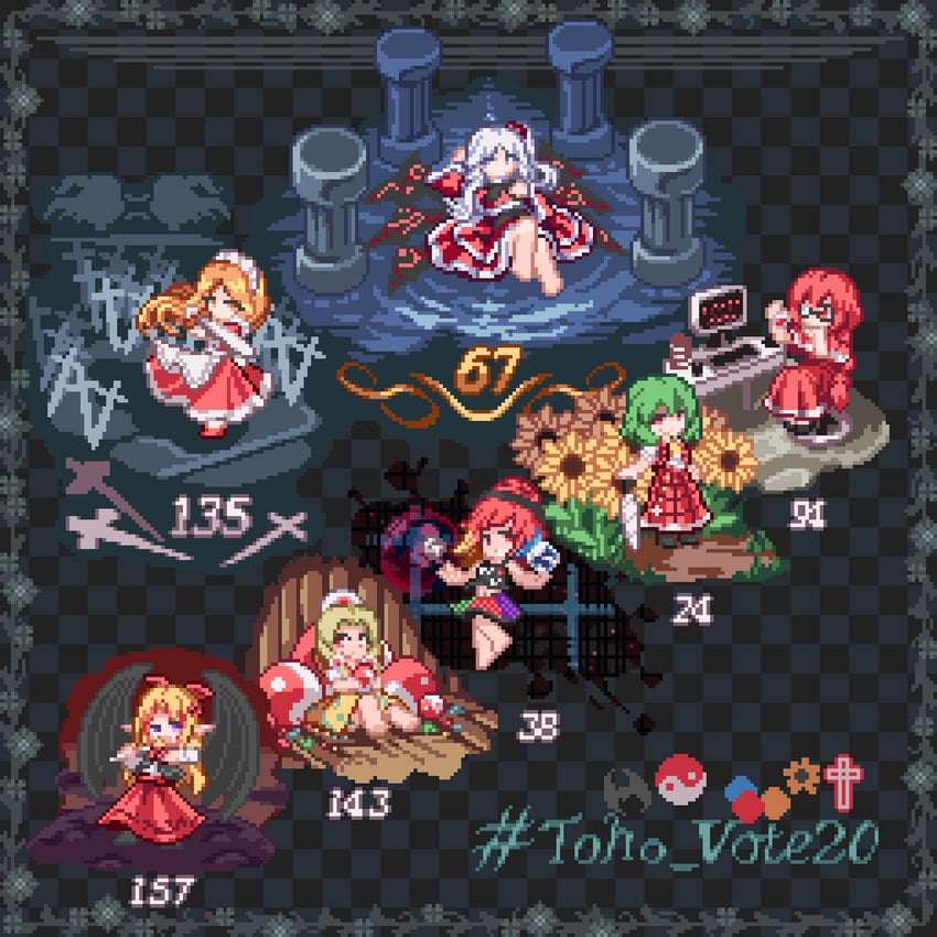 kazami yuuka, hecatia lapislazuli, shinki, okazaki yumemi, yumeko, and 2 more (touhou) drawn by nukekip