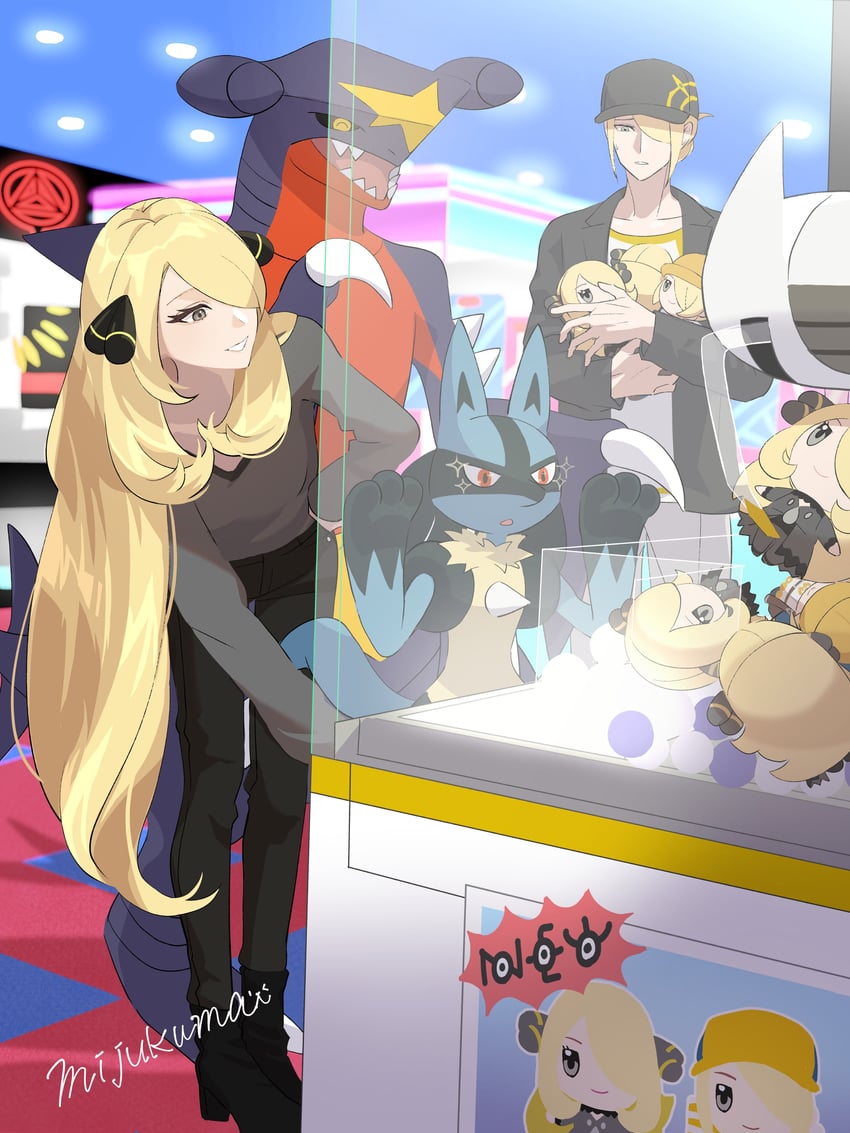 cynthia, lucario, garchomp, volo, unown, and 3 more (pokemon and 2 more) drawn by mijukuma