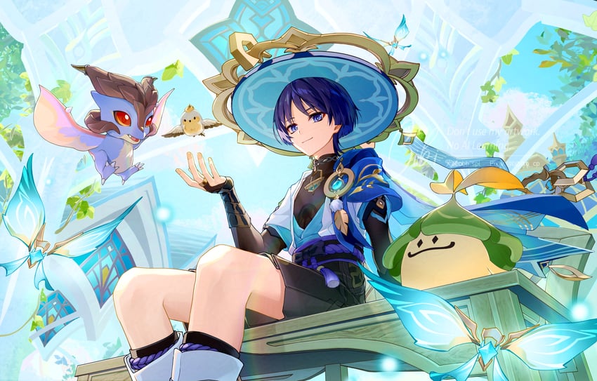 scaramouche, wanderer, aranara, crystalfly, and mini durin (genshin impact) drawn by bibi_(obb_spl)