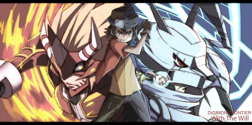 kanbara takuya, agnimon, minamoto kouji, and wolfmon (digimon and 1 more) drawn by hajime_(hajime-ill-1st)