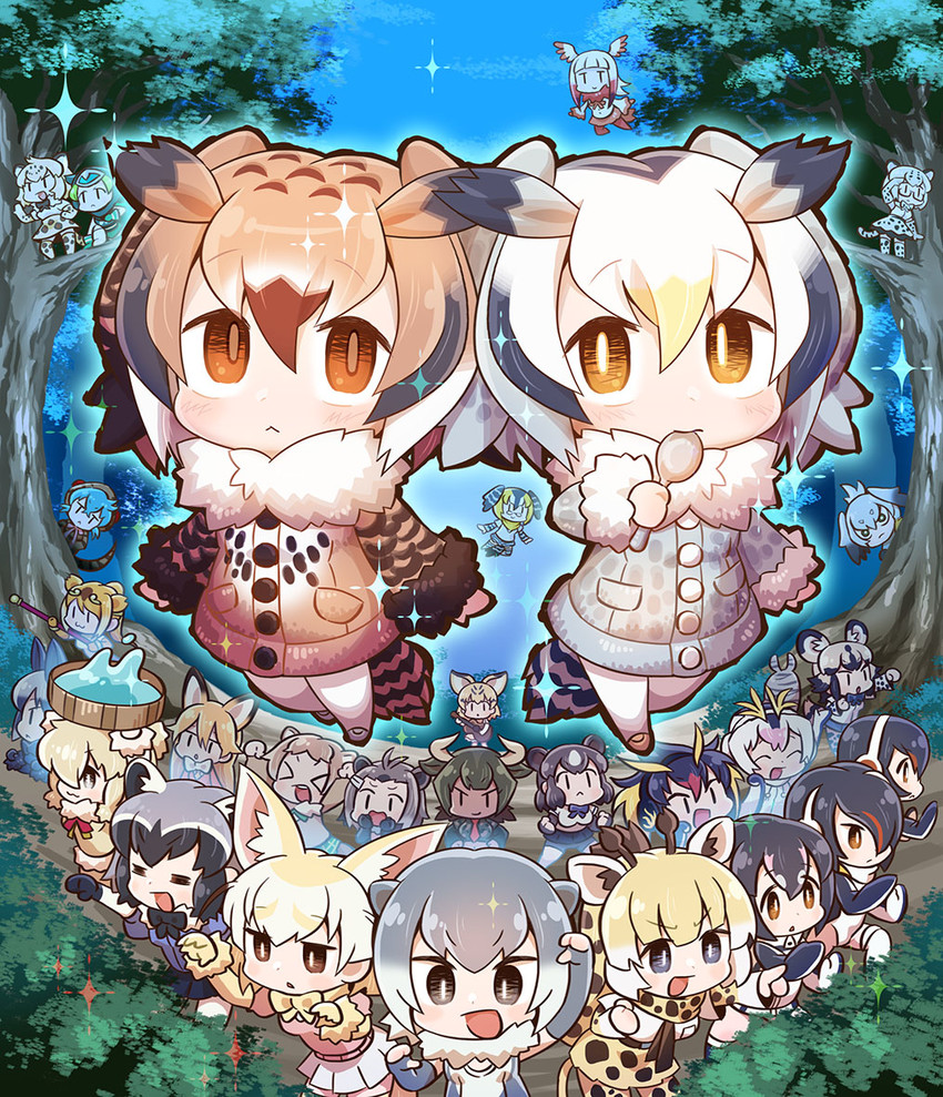 common raccoon, fennec, shoebill, silver fox, japanese crested ibis, and 24 more (kemono friends) drawn by chaki_(teasets)
