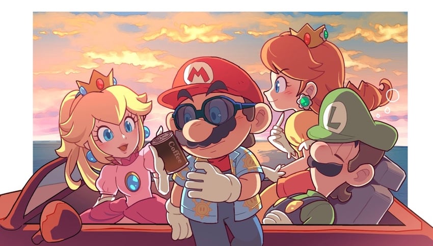 princess peach, mario, luigi, and princess daisy (mario and 1 more) drawn by hoshikuzu_pan