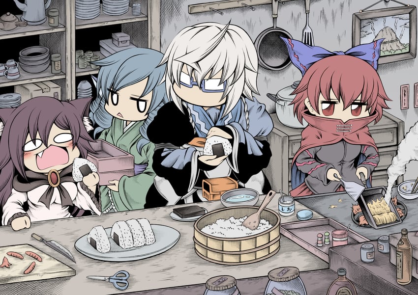 morichika rinnosuke, imaizumi kagerou, sekibanki, and wakasagihime (touhou) drawn by hidefu_kitayan