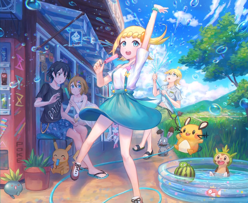 pikachu, ash ketchum, serena, sylveon, magikarp, and 8 more (pokemon and 1 more) drawn by kutsunohito