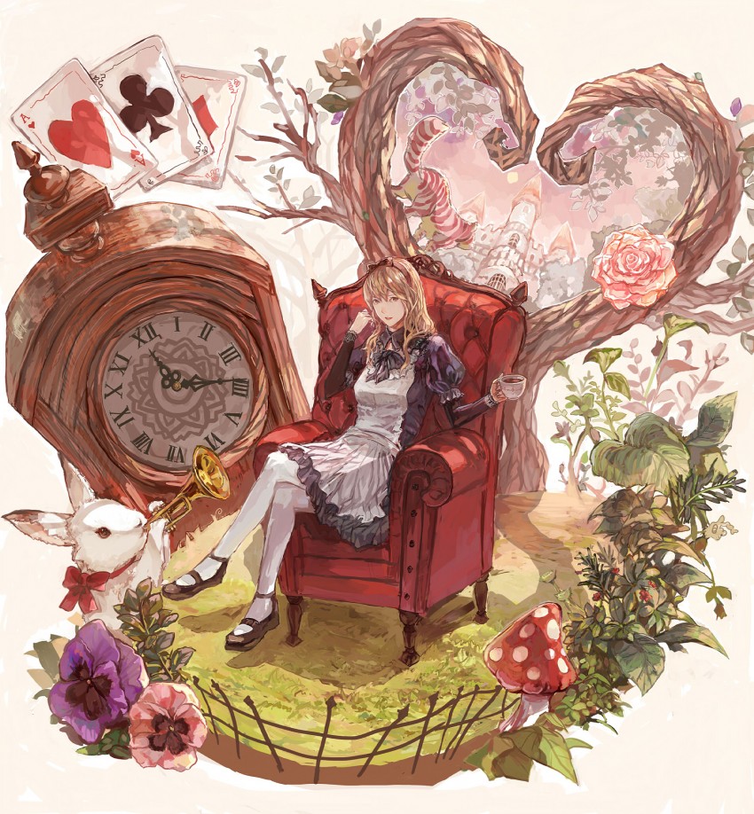 alice, white rabbit, and cheshire cat (alice's adventures in wonderland) drawn by tanukiudon-umai