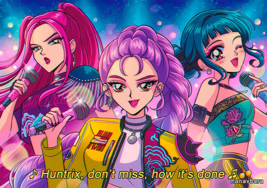 rumi, zoey, and mira (kpop demon hunters) drawn by hanavbara