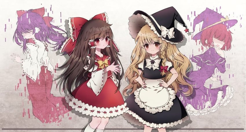 hakurei reimu and kirisame marisa (touhou and 1 more) drawn by rimei