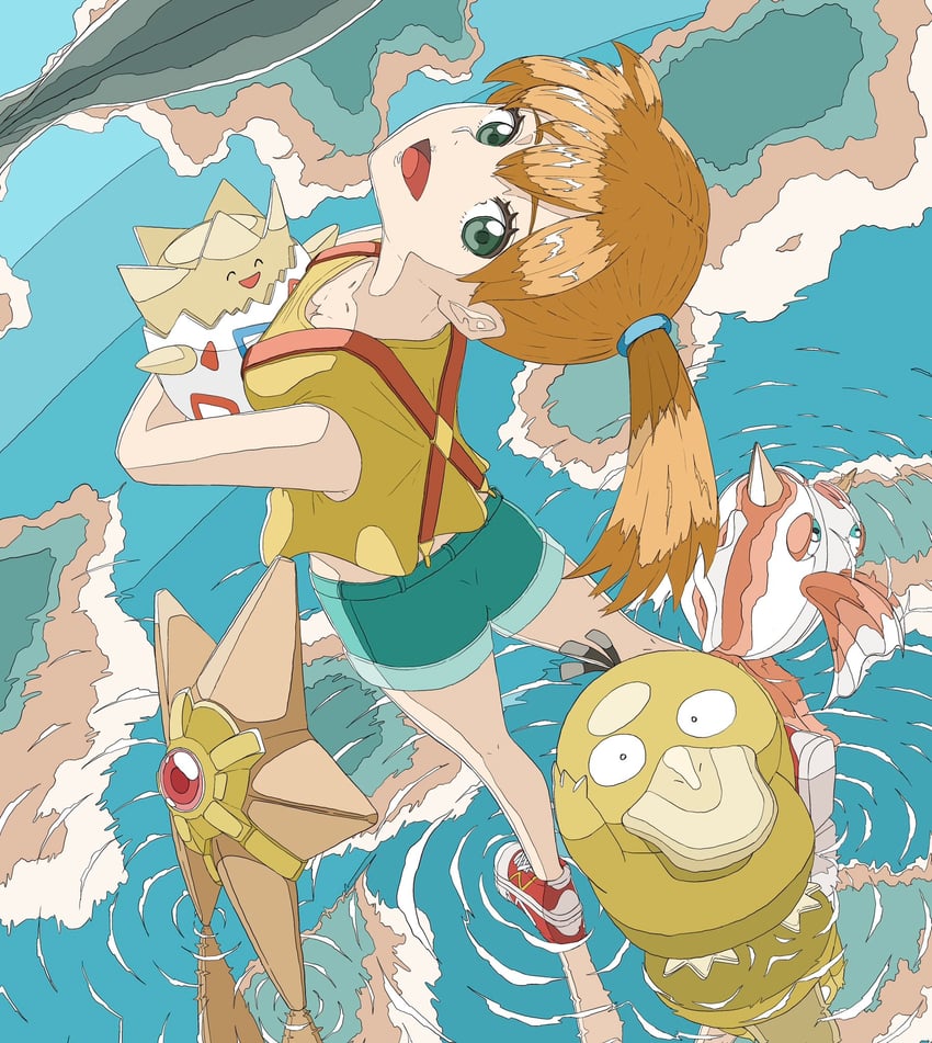 misty, psyduck, togepi, staryu, and goldeen (pokemon) drawn by sadaie_kun_e