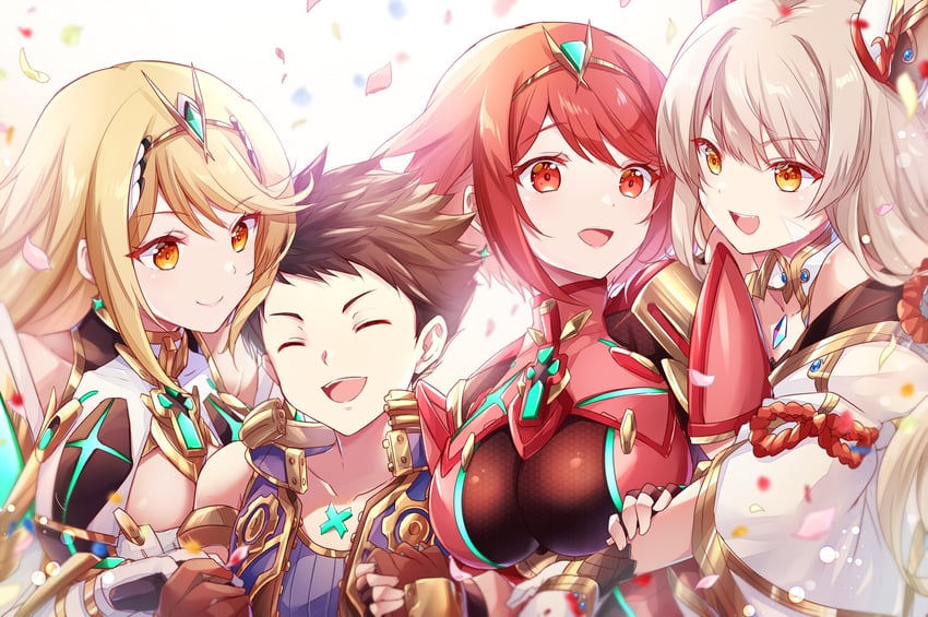 pyra, mythra, rex, and nia (xenoblade chronicles and 1 more) drawn by ui_frara