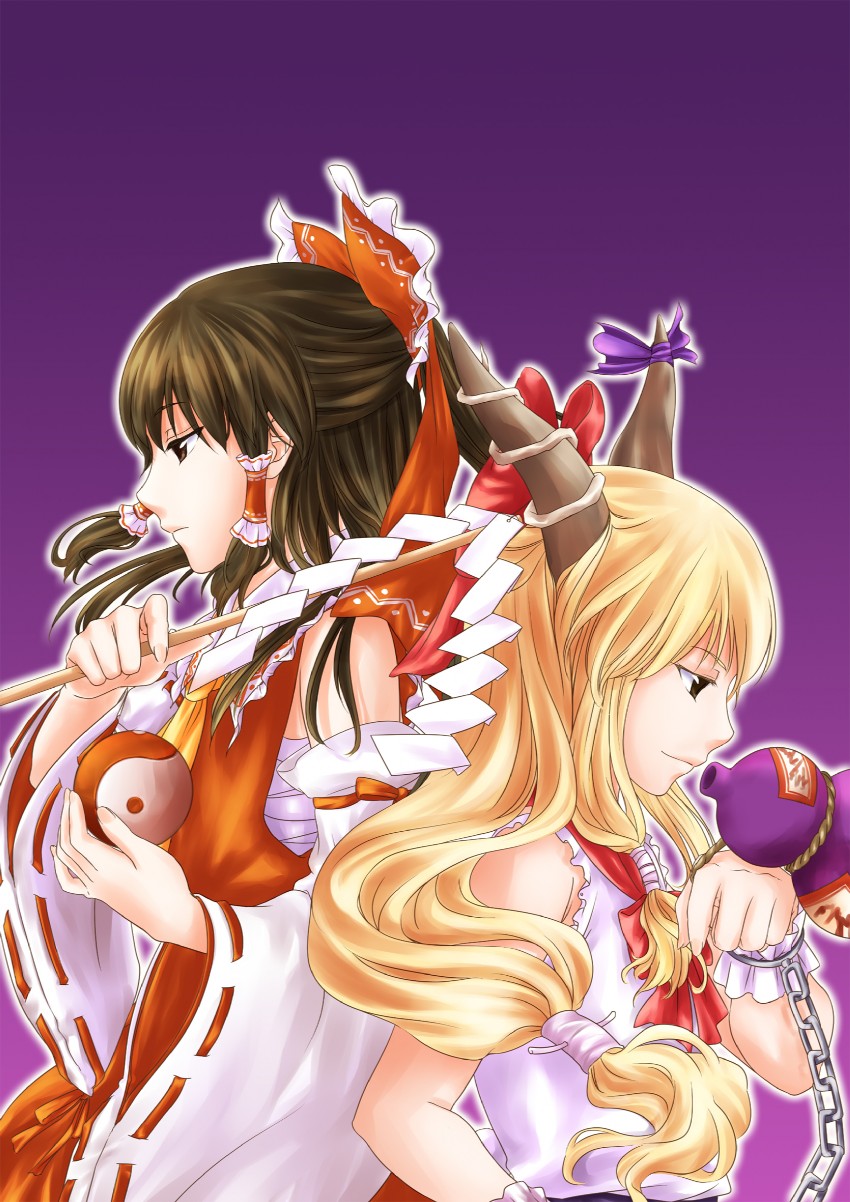 hakurei reimu and ibuki suika (touhou) drawn by plane_(planetw2002)
