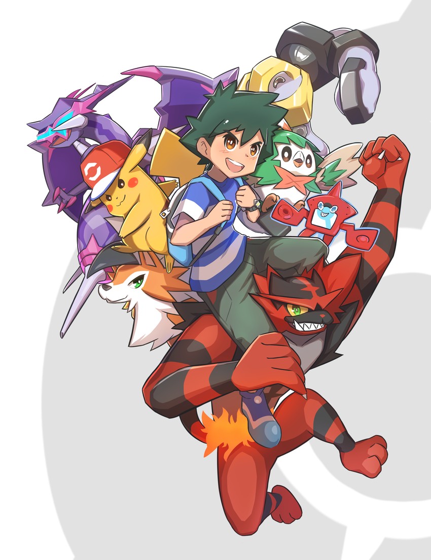 pikachu, ash ketchum, rotom, rowlet, lycanroc, and 5 more (pokemon and 1 more) drawn by cranenot