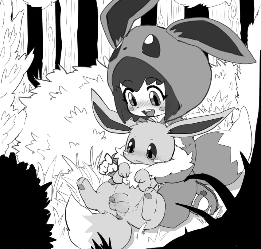 eevee and poke kid (pokemon and 1 more) drawn by hanuvo