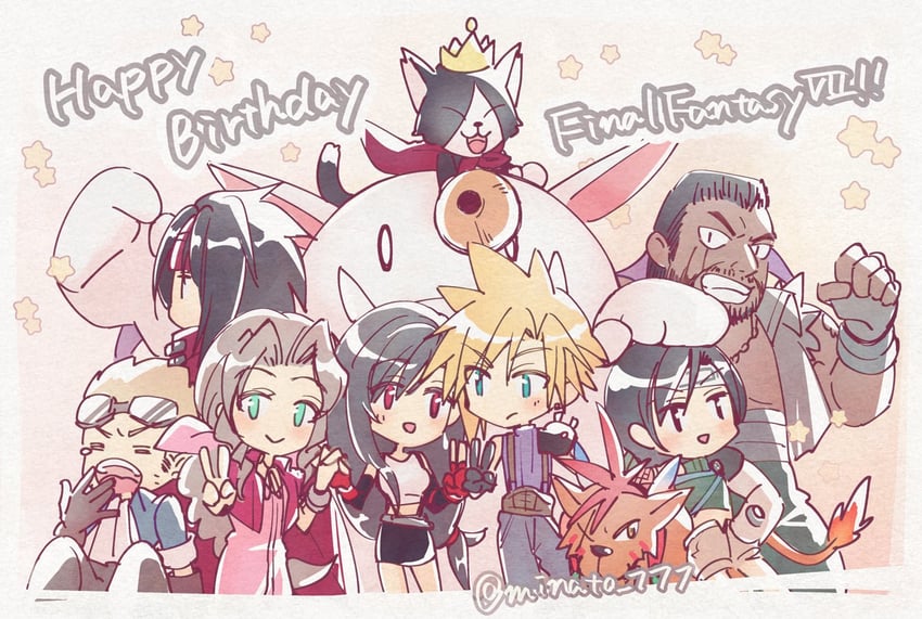 tifa lockhart, cloud strife, aerith gainsborough, yuffie kisaragi, moogle, and 5 more (final fantasy and 1 more) drawn by minato_(ct_777)