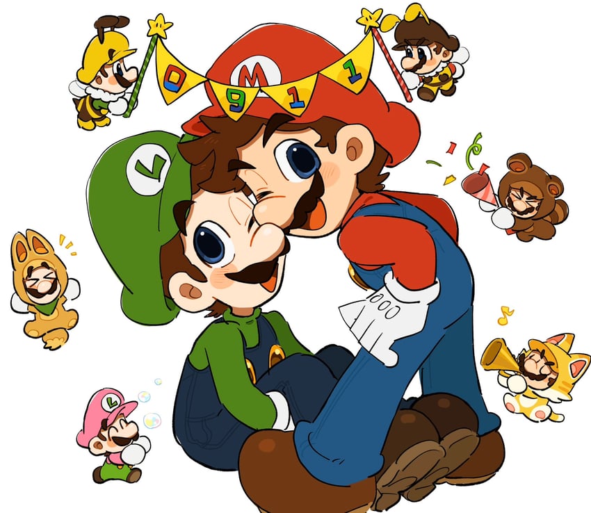 mario, luigi, cat mario, tanuki mario, kitsune luigi, and 2 more (mario and 5 more) drawn by mimimi_(mimimim9999)