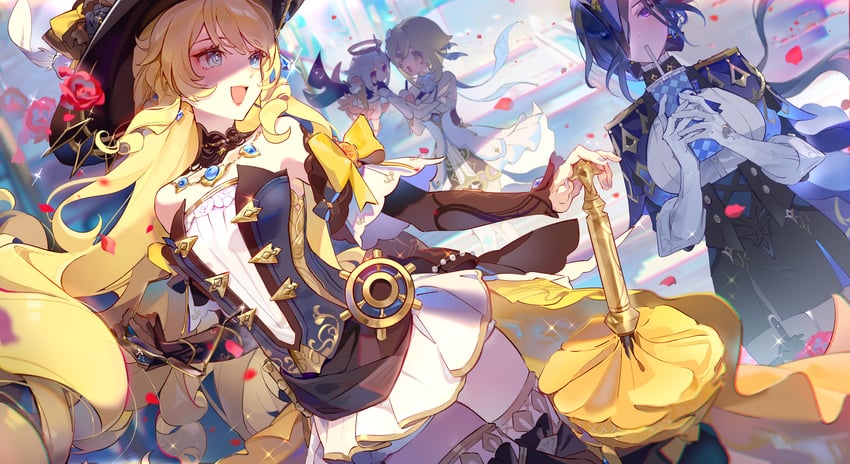 lumine, paimon, clorinde, and navia (genshin impact) drawn by miermere