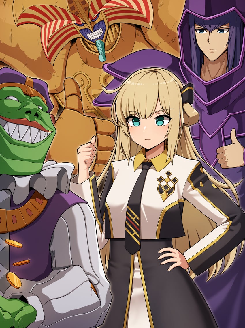 sky striker ace - raye, dark magician, exodia the forbidden one, goblin of greed, and upstart goblin (yu-gi-oh!) drawn by macatatera
