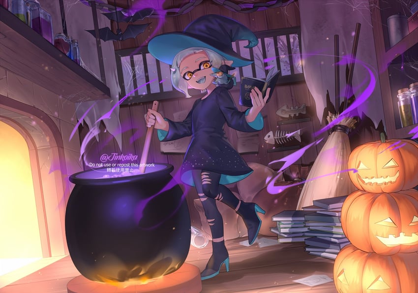 inkling player character, inkling girl, and smallfry (splatoon) drawn by jinkoika