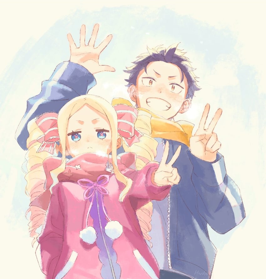 natsuki subaru, beatrice, and puck (re:zero kara hajimeru isekai seikatsu) drawn by harusabin