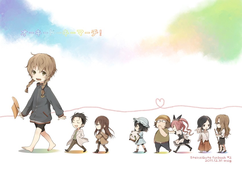makise kurisu, okabe rintarou, shiina mayuri, amane suzuha, urushibara ruka, and 3 more (steins;gate) drawn by monokuro_(snog)