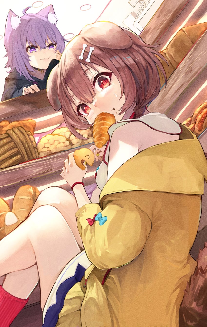 nekomata okayu, inugami korone, and listener (hololive) drawn by nyucha