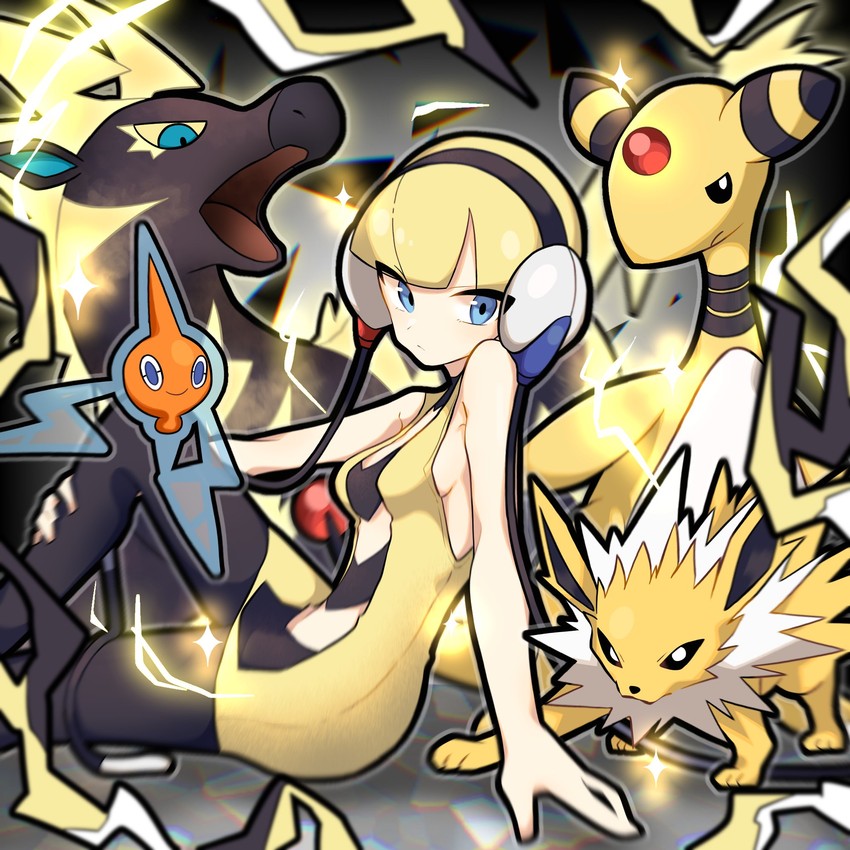 rotom, elesa, jolteon, ampharos, and zebstrika (pokemon and 1 more) drawn by mi-ko_(meeco35)
