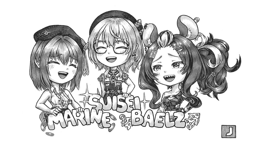 houshou marine, hoshimachi suisei, hakos baelz, and houshou marine (hololive and 1 more) drawn by jqhnharqld