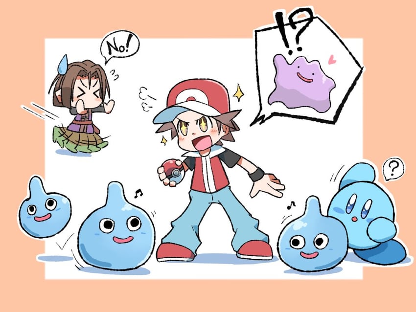 kirby, red, slime, ditto, and hero (pokemon and 5 more) drawn by ajimisora1