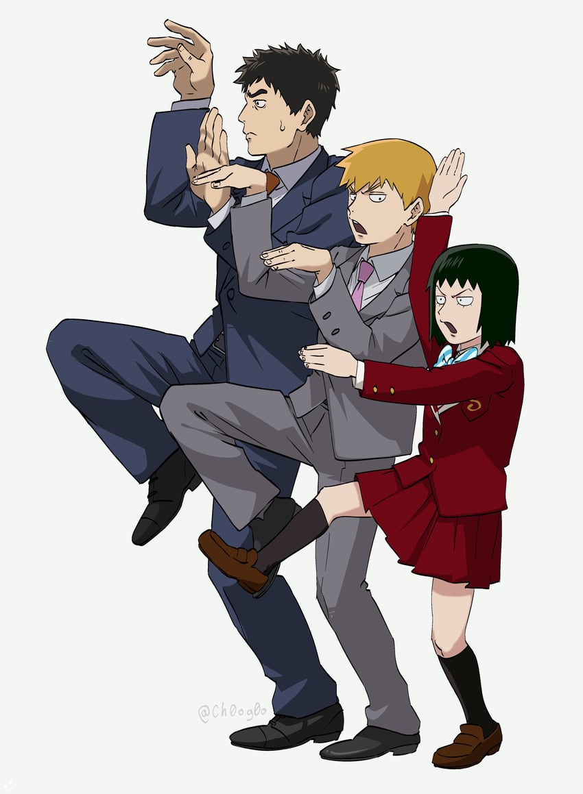 reigen arataka, kurata tome, and serizawa katsuya (mob psycho 100 and 1 more) drawn by ch0og0o