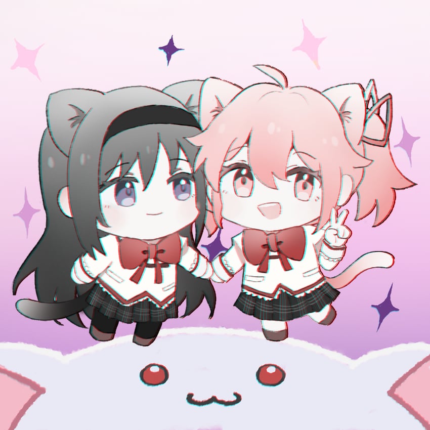 akemi homura, kaname madoka, and kyubey (mahou shoujo madoka magica) drawn by crimiko